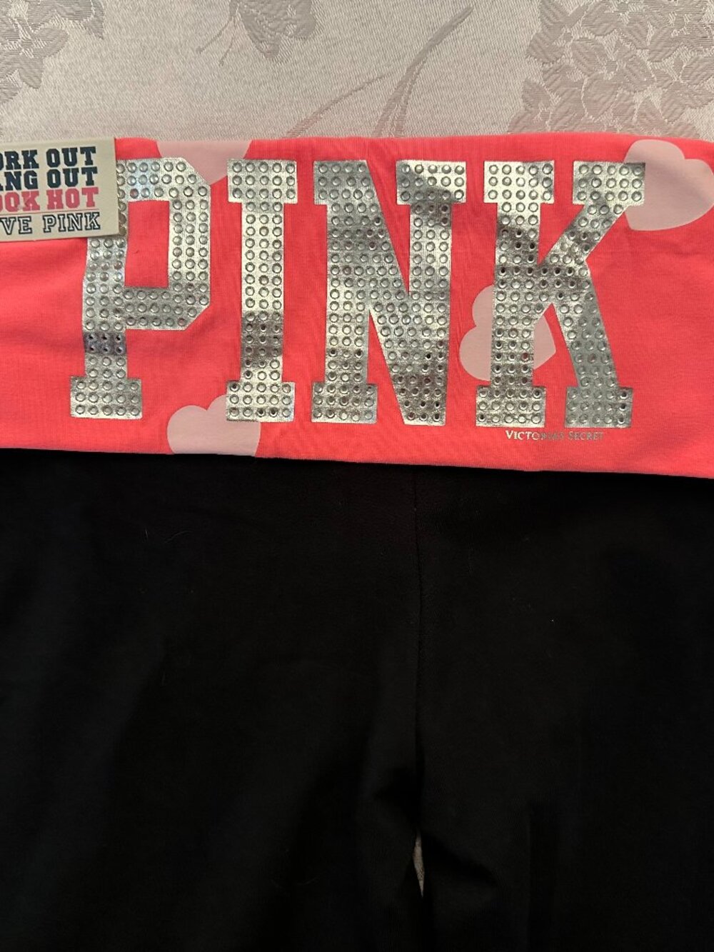 VS PINK Black Flare Yoga Pants Rhinestone Logo Heart Foldover Waist S